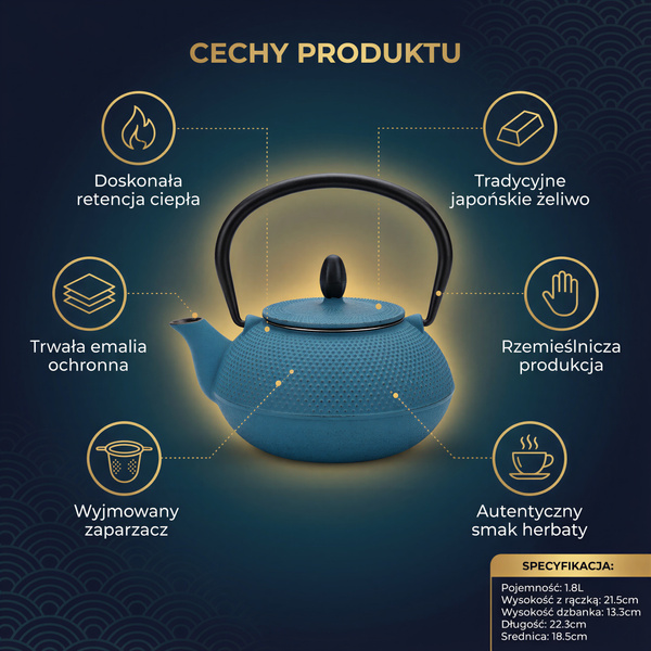CZAJNIK ŻELIWNY IMBRYK 1.8L DUŻY TURKUSOWY DO HERBATY + ZAPARZACZ STALOWY