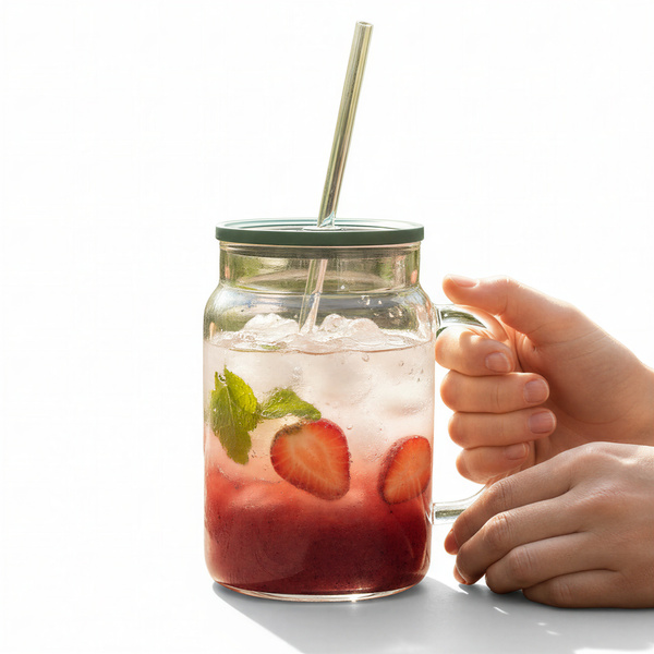 KUBEK BIDON DUŻY SZKLANY 1,5L PRZEZROCZYSTY Z POKRYWKĄ I SŁOMKĄ BIG SZKLANA