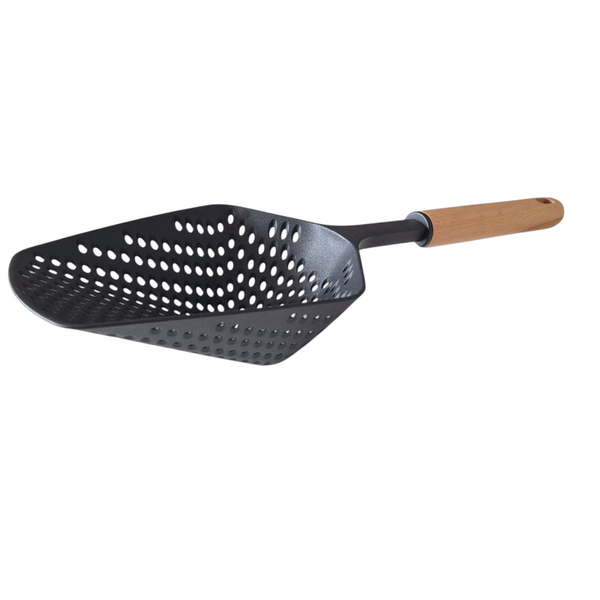 SZUMÓWKA ŁYŻKA CEDZAKOWA NYLON DREWNO 36 CM DO KLUSEK I PIEROGÓW ODCEDZANIA