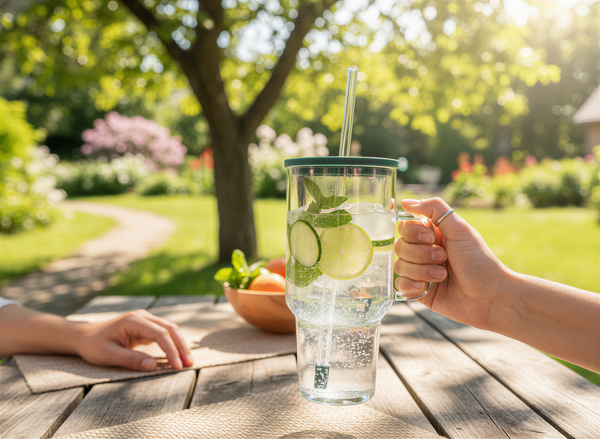 KUBEK BIDON SZKLANY TYPU STANLEY BIG 1,1L PRZEZROCZYSTY Z POKRYWKĄ I SŁOMKĄ