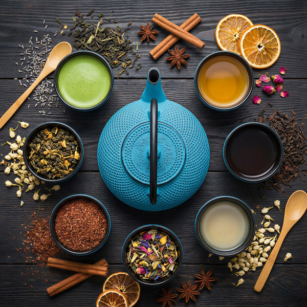 CZAJNIK ŻELIWNY ZAPARZACZ 1,8L Z ZESTAW 6 CZAREK DO HERBATY ZIÓŁ TURKUSOWY