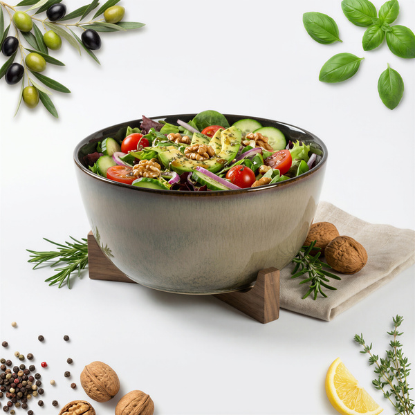 MISKA DUŻA MISA Ø27,5 cm SAŁATKOWA SURÓWKI Z DREWNIANĄ PODSTAWKĄ CERAMIKA