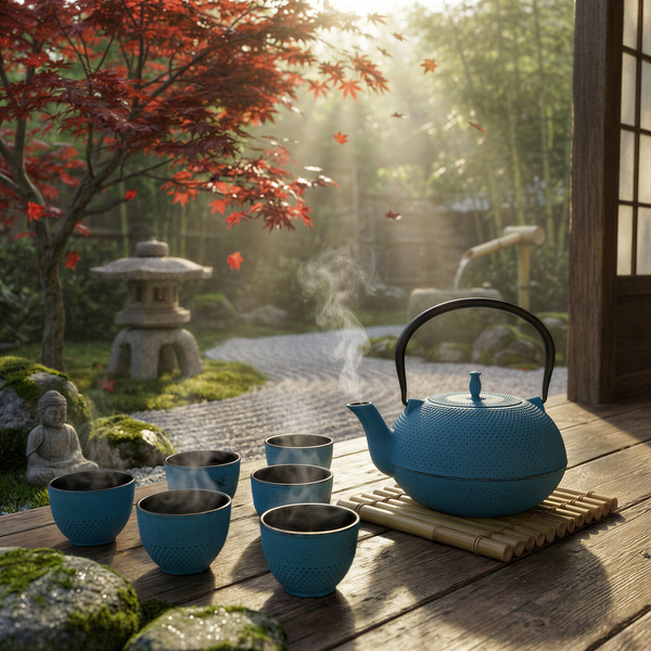 CZAJNIK ŻELIWNY ZAPARZACZ 1,8L Z ZESTAW 6 CZAREK DO HERBATY ZIÓŁ TURKUSOWY