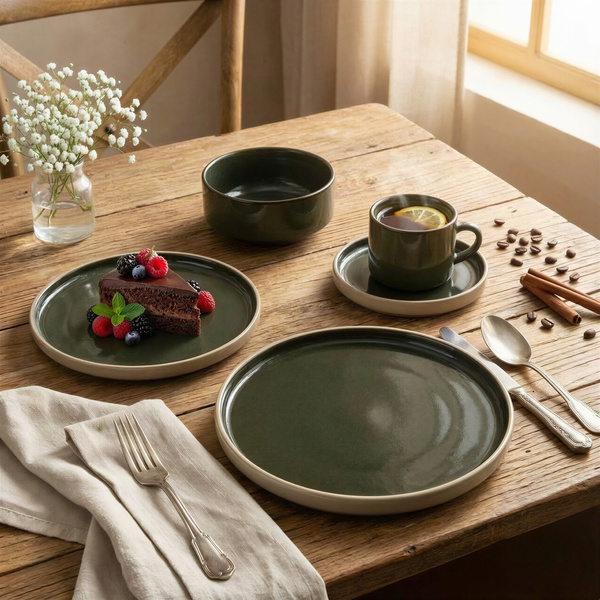 SERWIS OBIADOWYO KAWOWY 30 EL. DLA 6 OSÓB FILIŻANKI DO KAWY GREEN CERAMIKA