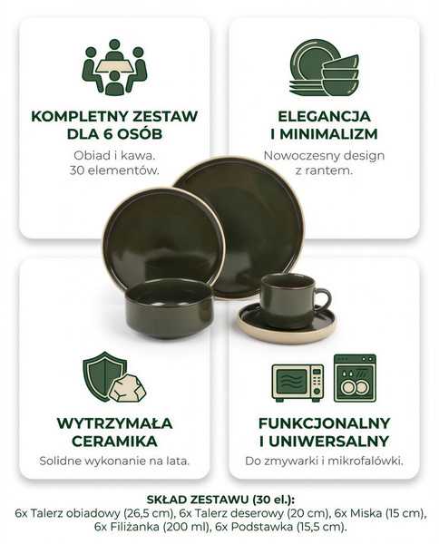 SERWIS OBIADOWYO KAWOWY 30 EL. DLA 6 OSÓB FILIŻANKI DO KAWY GREEN CERAMIKA