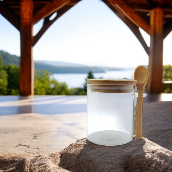 POJEMNIK SZKLANY 400 ml SŁOICZEK Z BAMBUSOWĄ POKRYWKĄ I ŁYŻECZKĄ