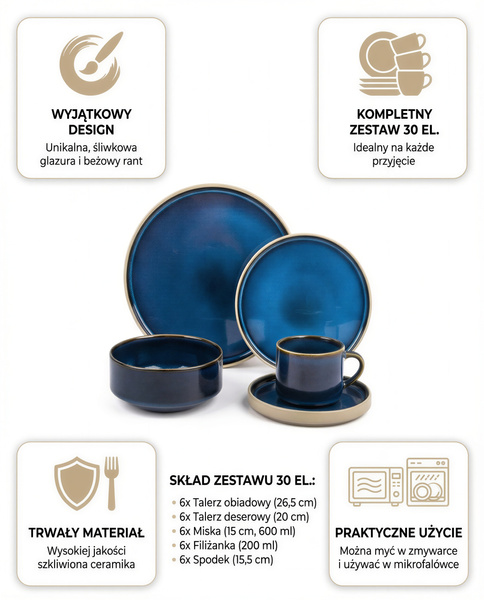 SERWIS OBIADOWYO KAWOWY 30 EL. DLA 6 OSÓB FILIŻANKI DO KAWY BLUE CERAMIKA