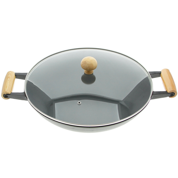 WOK ŻELIWNY PATELNIA 37 CM Ø POKRYWKA ZESTAW + PRZYBORY