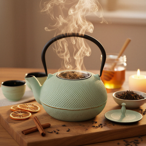 CZAJNIK ŻELIWNY ZAPARZACZ 1,8L Z ZESTAW 6 CZAREK DO HERBATY ZIÓŁ MIĘTOWY