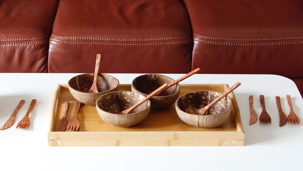 SZTUĆCE DREWNIANE KOKOS WIDELEC NÓŻ ŁYŻKA ZESTAW