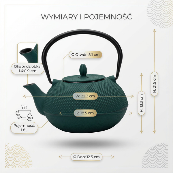 CZAJNIK ŻELIWNY IMBRYK 1.8L DUŻY ZIELONY DO HERBATY + ZAPARZACZ STALOWY