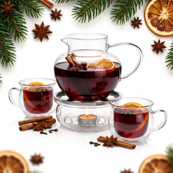 ZESTAW DO GRZANEGO WINA GRZAŃCA DZBANEK 1L FILIŻANKI x2 SZKŁO+ PODGRZEWACZ