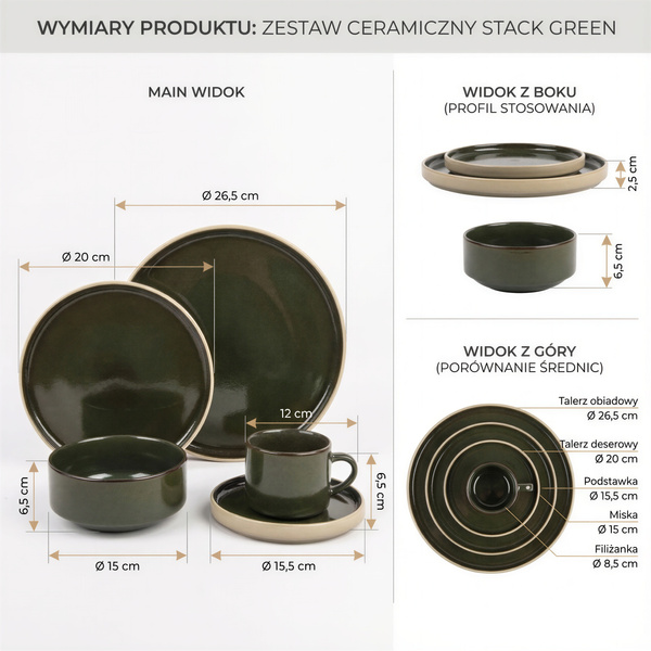 SERWIS OBIADOWYO KAWOWY 30 EL. DLA 6 OSÓB FILIŻANKI DO KAWY GREEN CERAMIKA