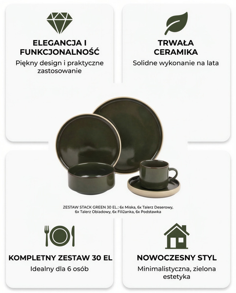 SERWIS OBIADOWYO KAWOWY 30 EL. DLA 6 OSÓB FILIŻANKI DO KAWY GREEN CERAMIKA