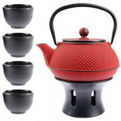 CZAJNIK ŻELIWNY IMBRYK CZARKI ZESTAW PODGRZEWACZ