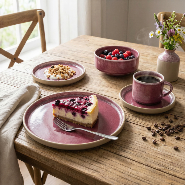 SERWIS OBIADOWYO KAWOWY 30 EL. DLA 6 OSÓB FILIŻANKI DO KAWY FIOLET CERAMIKA