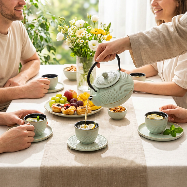 CZAJNIK IMBRYK ŻELIWNY 1,5L ZESTAW 5 SZT. MIĘTOWY Ø 18 CM DO HERBATY