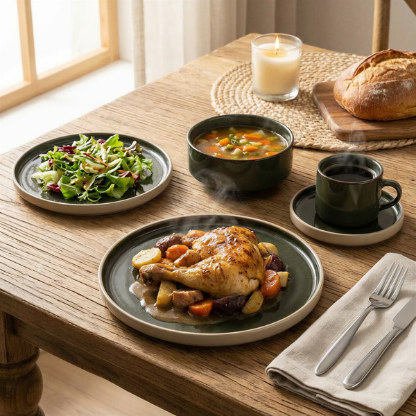 SERWIS OBIADOWYO KAWOWY 30 EL. DLA 6 OSÓB FILIŻANKI DO KAWY GREEN CERAMIKA