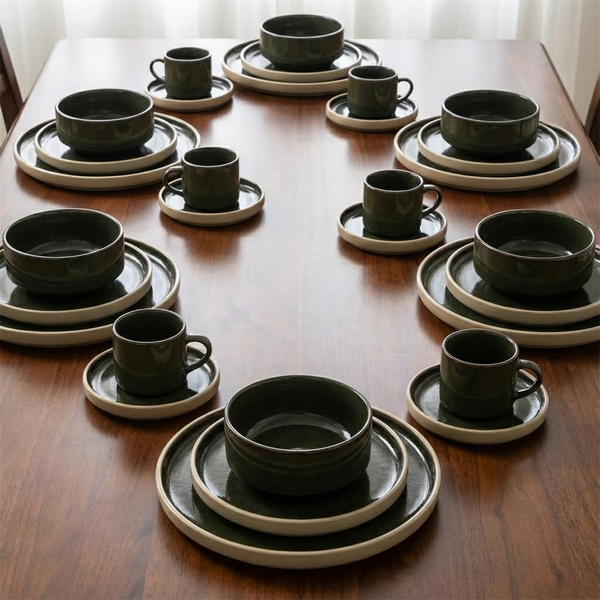 SERWIS OBIADOWYO KAWOWY 30 EL. DLA 6 OSÓB FILIŻANKI DO KAWY GREEN CERAMIKA