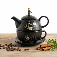 ZAPARZACZ FILIŻANKA SPODEK 0,4L ZESTAW CZARNY ŻELIWNY DO HERBATY PTASZEK