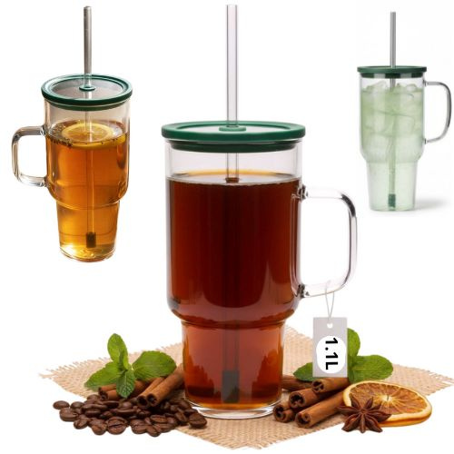 KUBEK BIDON SZKLANY TYPU STANLEY BIG 1,1L PRZEZROCZYSTY Z POKRYWKĄ I SŁOMKĄ