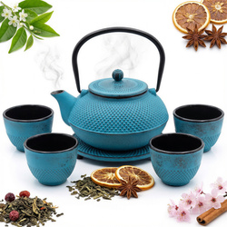 CZAJNIK 1,5L ŻELIWNY 4x CZARKI PODKŁADKA ZESTAW