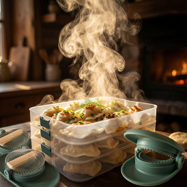 ZESTAW POJEMNIKÓW I WYKRAWACZY DO PIEROGÓW 3W1 PRZEZROCZYSTY 4,5L