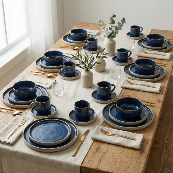 SERWIS OBIADOWYO KAWOWY 30 EL. DLA 6 OSÓB FILIŻANKI DO KAWY BLUE CERAMIKA