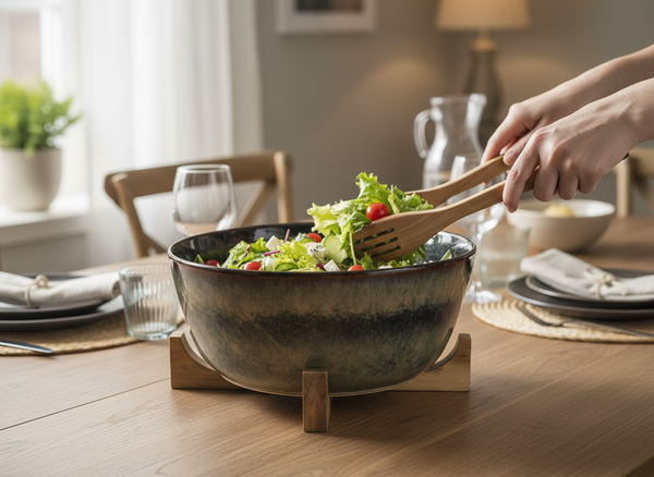 MISKA DUŻA MISA Ø27,5 cm SAŁATKOWA SURÓWKI Z DREWNIANĄ PODSTAWKĄ CERAMIKA