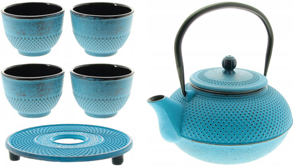 CZAJNIK 1,5L ŻELIWNY 4x CZARKI PODKŁADKA ZESTAW