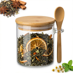 POJEMNIK SZKLANY 400 ml SŁOICZEK Z BAMBUSOWĄ POKRYWKĄ I ŁYŻECZKĄ
