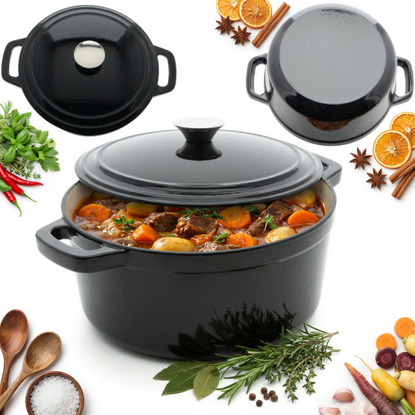 GARNEK ŻELIWNY 4.5L EMALIOWANY Z POKRYWKĄ GAR CZARNY RONDELEK SOLIDNY