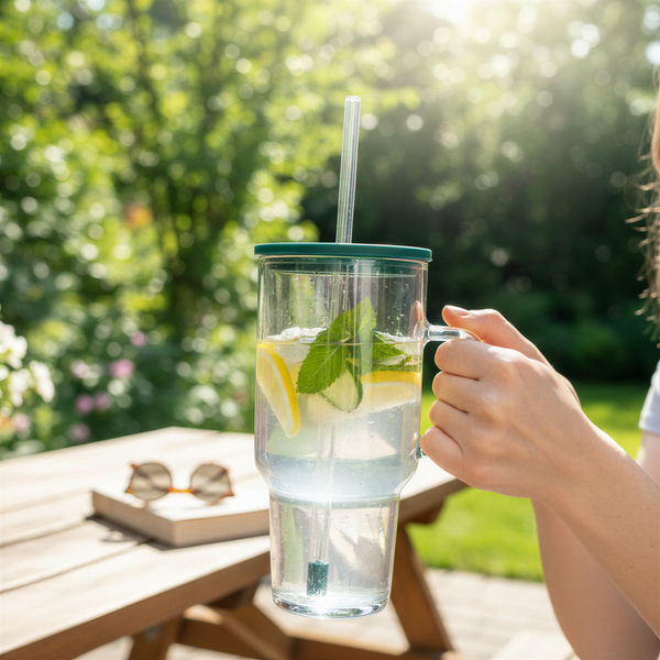 KUBEK BIDON SZKLANY TYPU STANLEY BIG 1,1L PRZEZROCZYSTY Z POKRYWKĄ I SŁOMKĄ