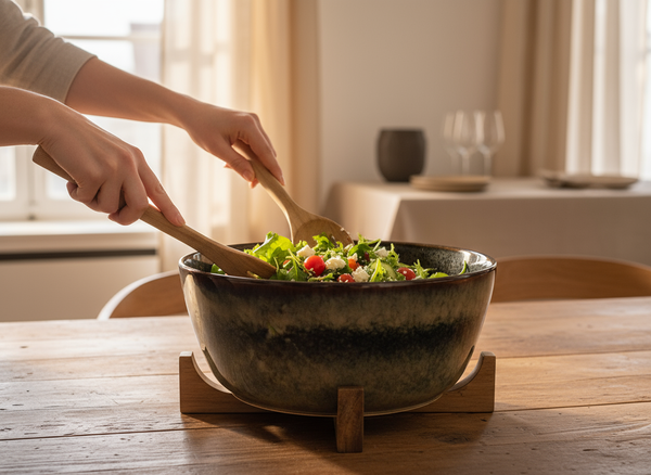 MISKA DUŻA MISA Ø27,5 cm SAŁATKOWA SURÓWKI Z DREWNIANĄ PODSTAWKĄ CERAMIKA