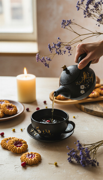ZAPARZACZ FILIŻANKA SPODEK 0,4L ZESTAW CZARNY ŻELIWNY DO HERBATY PTASZEK