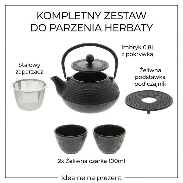 CZAJNIK ŻELIWNY 0,8L IMBRYK ZAPARACZ ZESTAW 2x CZARKI PODSTAWKA CZARNY