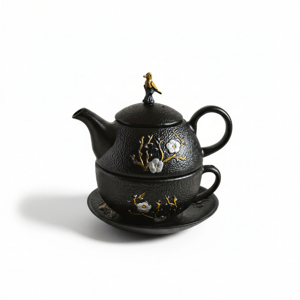 ZAPARZACZ FILIŻANKA SPODEK 0,4L ZESTAW CZARNY ŻELIWNY DO HERBATY PTASZEK