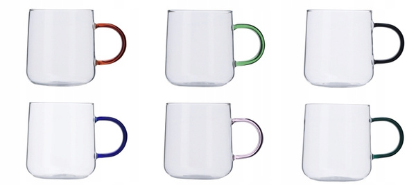 ŻAROODPORNE KUBKI z kolorowymi uszami SZKLANKI 300 ml zestaw 6 sztuk