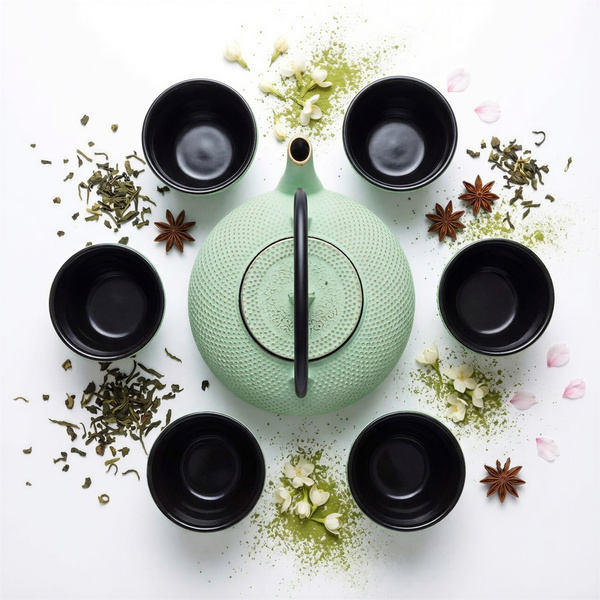 CZAJNIK ŻELIWNY ZAPARZACZ 1,8L Z ZESTAW 6 CZAREK DO HERBATY ZIÓŁ MIĘTOWY