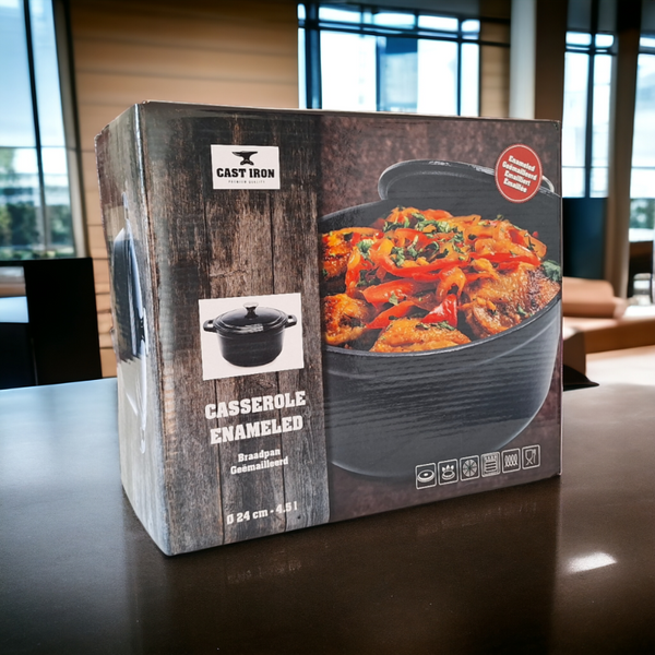 GARNEK ŻELIWNY 4.5L GAR SOLIDNY EMALIOWANY Z POKRYWKĄ CZARNY RONDELEK