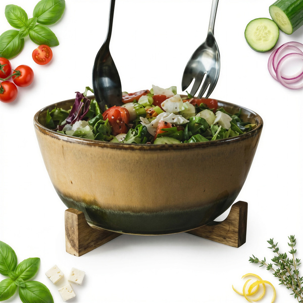 PÓLMISEK PATERA Z DREWNIANĄ POSTAWKĄ CERAMIKA DUŻY UNIKALNY WYGLĄD