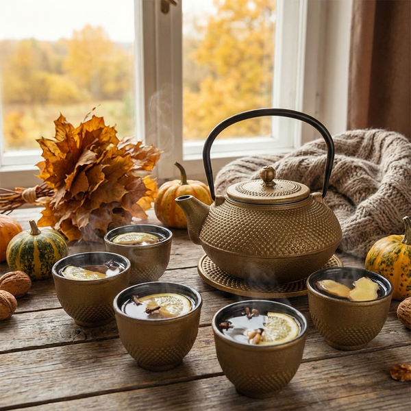 CZAJNIK ŻELIWNY 1,5L ZAPARZACZ DO HERBATY 4 CZARKI ZESTAW 5 ele NA PREZENT