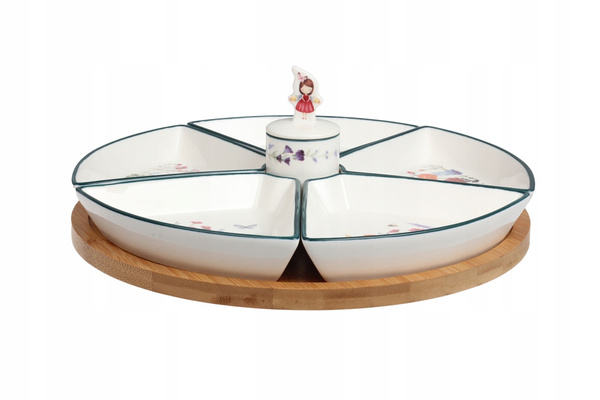 OBROTOWA PATERA CERAMICZNA 27,5 CM NA BAMBUSIE 7 ELEMENTÓW PANI KWIATEK