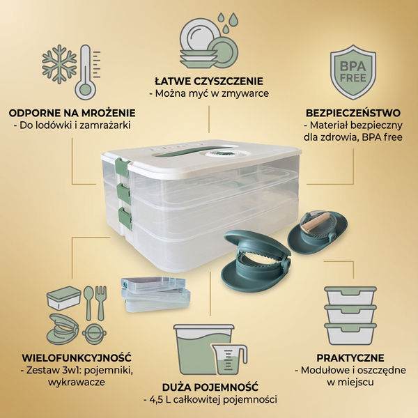ZESTAW POJEMNIKÓW I WYKRAWACZY DO PIEROGÓW 3W1 PRZEZROCZYSTY 4,5L