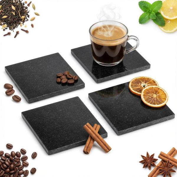 PODKŁADKI 4X PODSTAWKI POD KUBEK CZARNE GRANITOWE KAMIEŃ