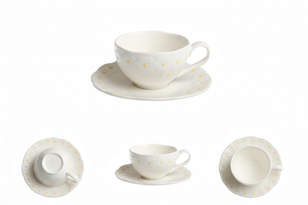 FILIŻANKA ZE SPODKIEM 250 ML DO KAWY HERBATY BIAŁA CERAMIKA DAISY LINE