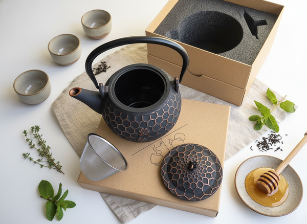 CZAJNIK ŻELIWNY IMBRYK 1,8L ZAPARZACZ DO HERBATY Z MIEDZIANYMI AKCENTAMI