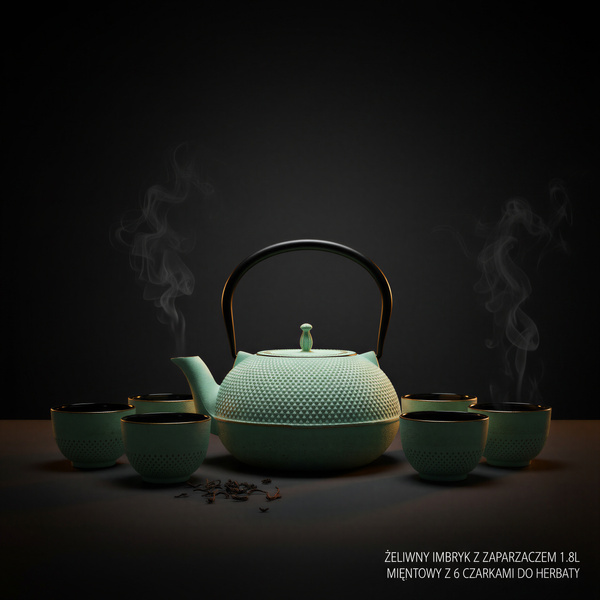 CZAJNIK ŻELIWNY ZAPARZACZ 1,8L Z ZESTAW 6 CZAREK DO HERBATY ZIÓŁ MIĘTOWY