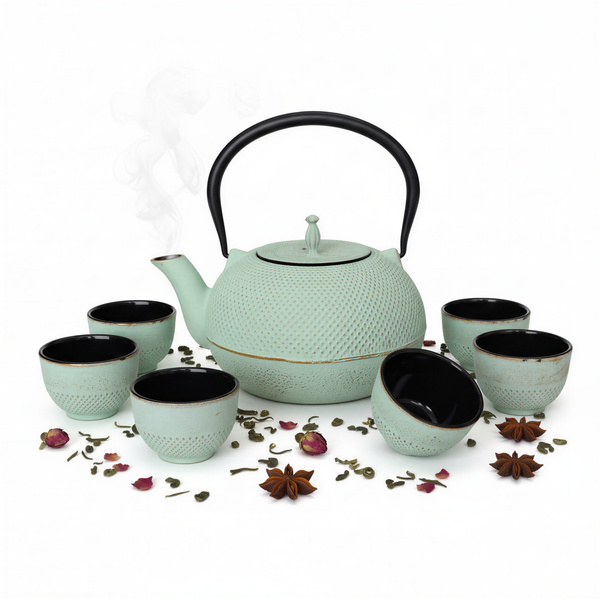 CZAJNIK ŻELIWNY ZAPARZACZ 1,8L Z ZESTAW 6 CZAREK DO HERBATY ZIÓŁ MIĘTOWY