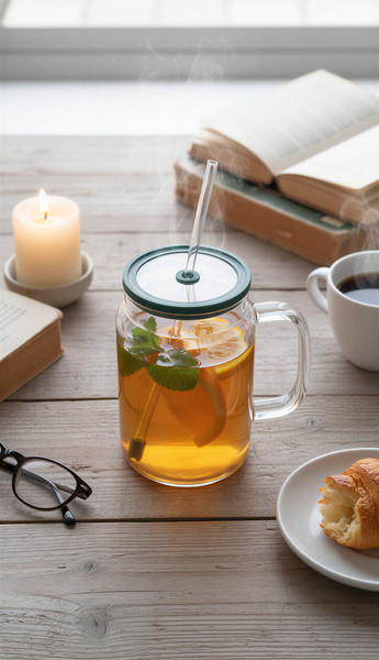 KUBEK BIDON DUŻY SZKLANY 1,5L PRZEZROCZYSTY Z POKRYWKĄ I SŁOMKĄ BIG SZKLANA